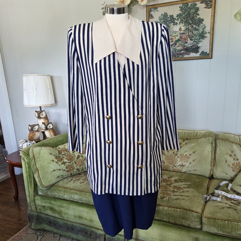 Chaus Navy and White Striped Dress with Gold Buttons